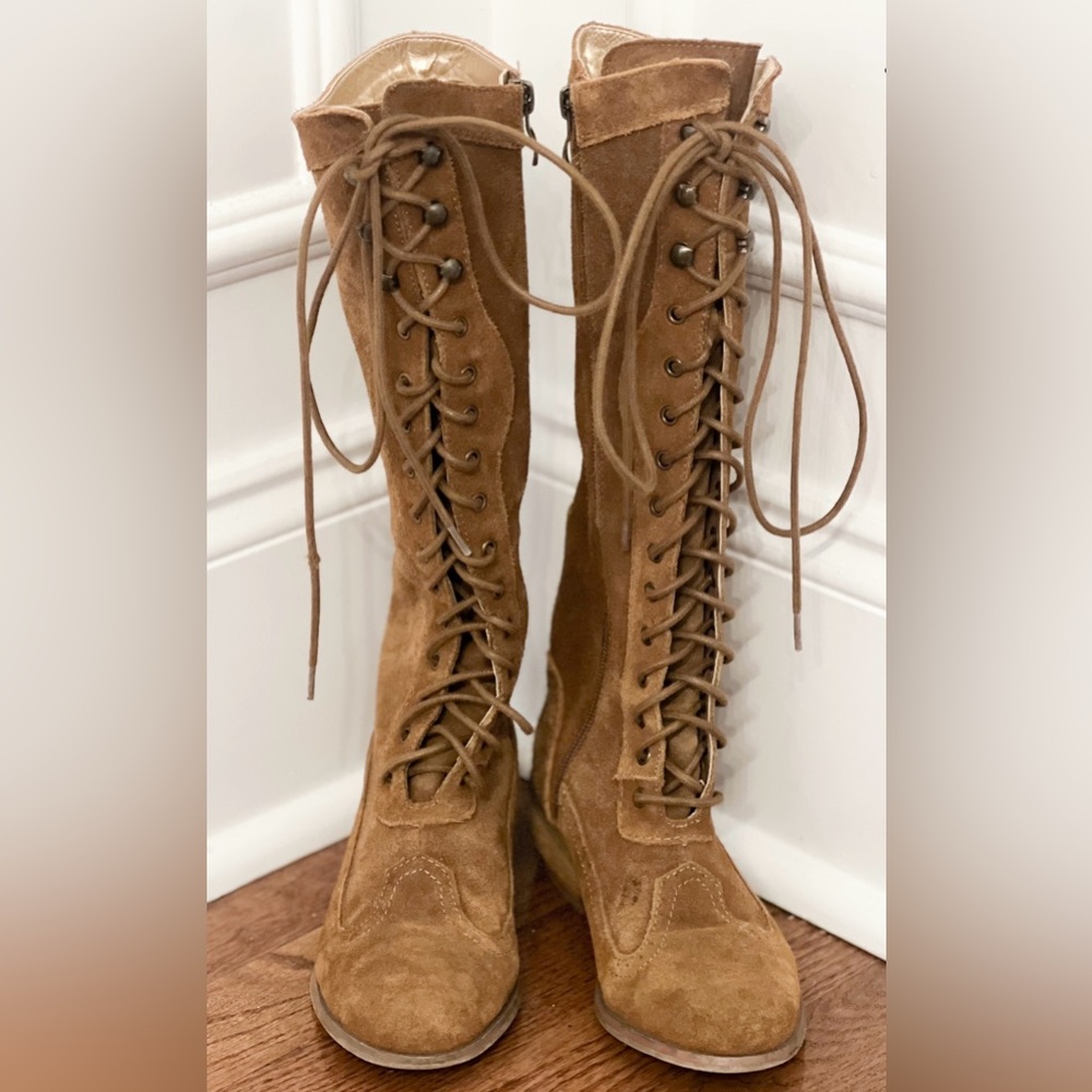 Joyfolie Tan Lace-Up Knee-High Boots